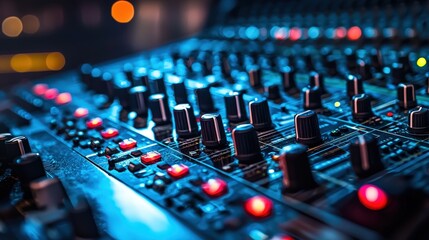 Fototapeta premium Illuminated sound mixer console with glowing buttons, symbolizing audio production and creative control. Ideal for music, podcasting, and audio engineering projects.