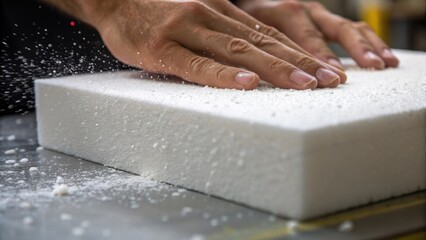 A closeup of a foam block being tested for density with a workers fingers pressing into the surface showing the slight indentation while small particles of foam float in the air