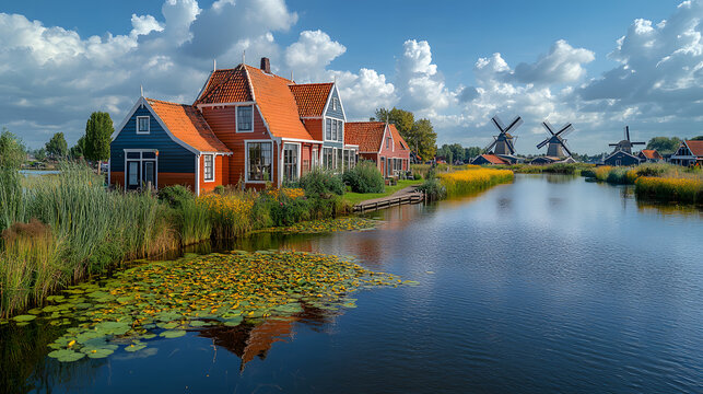 Photography of the famous Zaanse Schans, with its historic windmills, traditional wooden houses, and a charming village atmosphere under a clear blue sky.