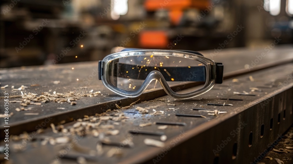 Poster A closeup of a pair of safety goggles resting on the fabricators forehead framed by intricate patterns of metal shavings tered across the workbench highlighting the gritty