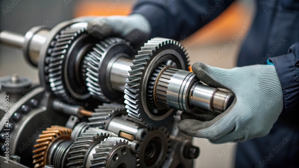 Aufkleber A closeup of a mechanics hands gloved and pivoting a complex assembly of gears showcasing intricate machinery components and the precision required for effective repairs.