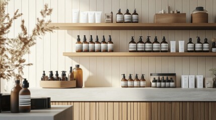 Natural skincare products on wooden shelves