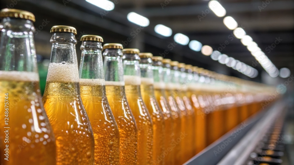 Poster a closeup of freshly filled bottles lined up on the conveyor belt glistening under overhead lights s