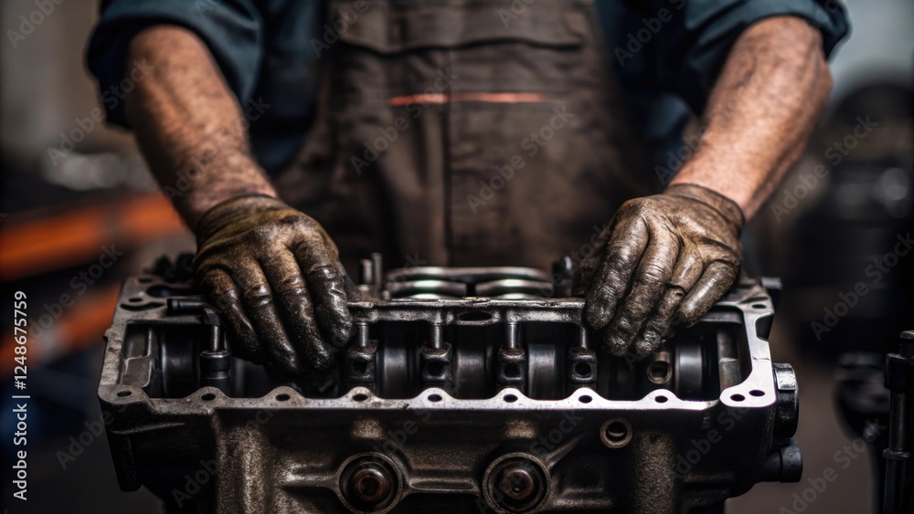 Aufkleber A closeup of oil and grease smudged hands of the assembler gripping a heavy engine part embodying the hard work and dedication that goes into constructing a powerful automotive