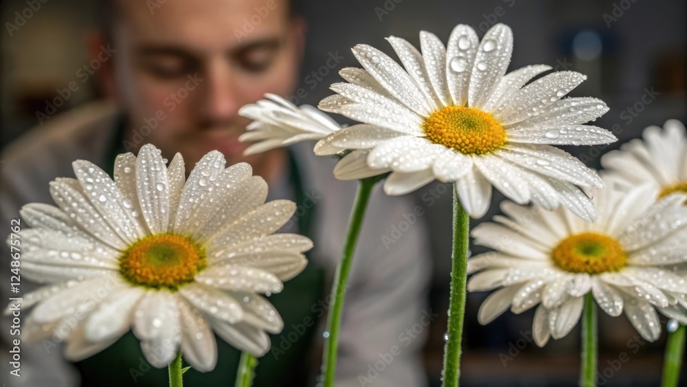 Poster a closeup of fresh dewkissed daisies being positioned upright with the artisans thoughtful face part