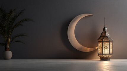 Ramadan lantern, crescent moon, minimalist room.  Possible use Interior design inspiration, Islamic art, cultural display