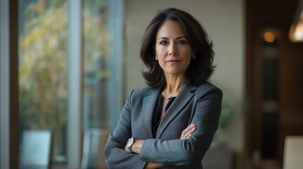 Confident businesswoman in a gray suit, arms crossed, against a blurred office background.  Represents leadership and professional success for corporate themes.