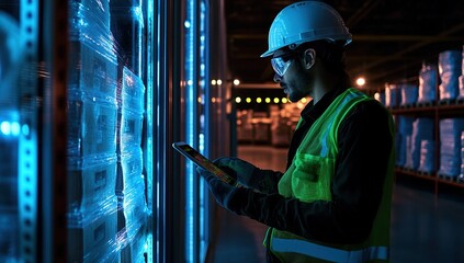 Worker uses digital tablet to manage inventory in a modern warehouse at night, ensuring efficient logistics and supply chain operations.