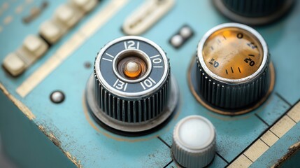A detailed macro shot of the dials and buttons on a vintage radio, showing aged textures, scratches, and glowing frequency indicators
