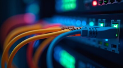 Network switch with orange fiber optic cables in dark server room with led lights. Technology data center equipment. Internet infrastructure setup for Cyber Monday and Black Friday sales