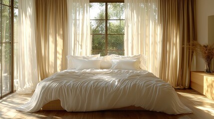 Bright and airy bedroom featuring a large, textured white bedspread with soft pillows, surrounded by natural light and greenery outside