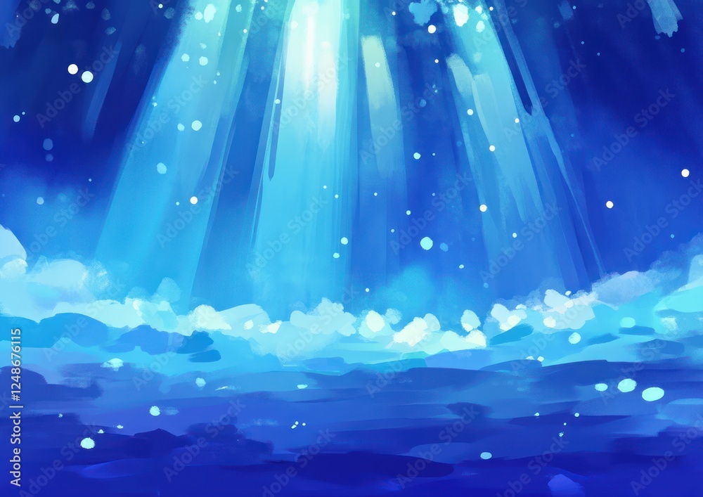 Poster vivid ocean scene with rays of light and gentle waves in a dreamy blue color palette