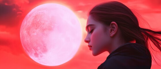 Naklejka premium a woman stands serenely before a giant, glowing moon.