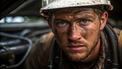 Obraz premium A closeup of the engineers face drenched in oil smudges where every streak tells a story of perseverance while beads of sweat highlight the intensity of his concentration on a
