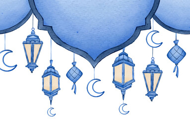 Watercolor Islamic Blue Lantern Frame Border