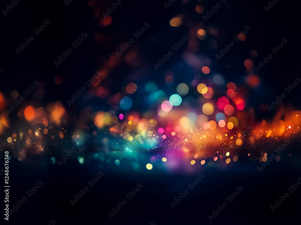 Poster Abstract bokeh lights on a dark backdrop create a festive and vibrant atmosphere. Colorful blurred circles are glowing against the night.