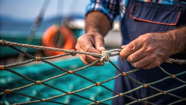 A closeup of the knotting technique as the fisherman ties off the end of the net showcasing the intricate process of securing his gear with blurred marine elements in the