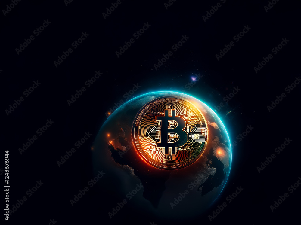Poster a digital bitcoin currency symbol is positioned at the center of a glowing globe against a dark spac