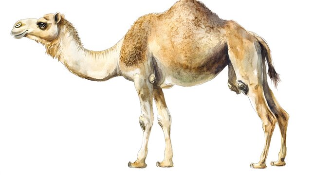Watercolor painting depicts a dromedary camel in side view