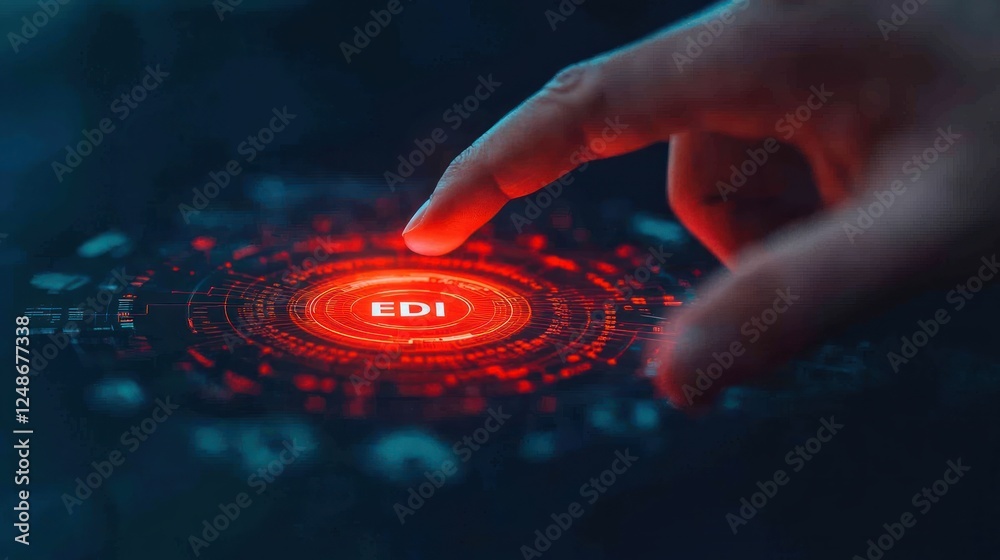 Poster Finger Touching Digital Screen Displaying EDI Symbol with Red Glowing Elements for Technology Concept