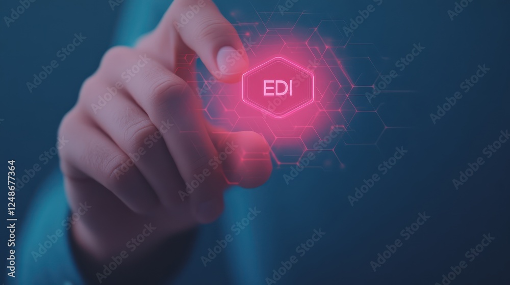 Poster Hand Interacting with Futuristic EDI Technology Interface Displaying Bright Pink Hexagonal Graphic in Dark Background