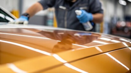A closeup of the products surface being coated with an artistic blur effect on the technicians hand in the background emphasizing the smooth even layer forming on the surface.