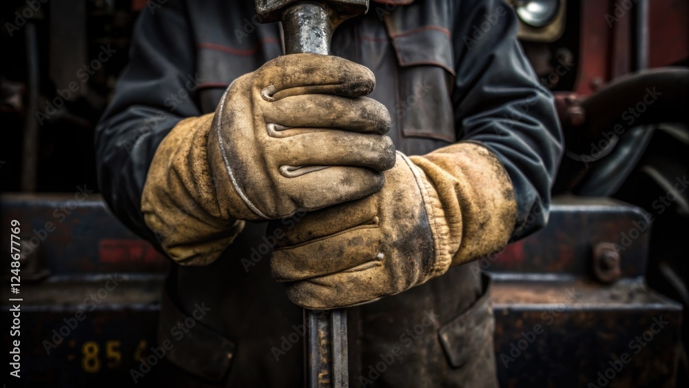 Poster A closeup of the testers rugged work gloves gripping a tool capturing details of the texture and wear while the machinery in the backdrop shows evidence of use and maintenance.