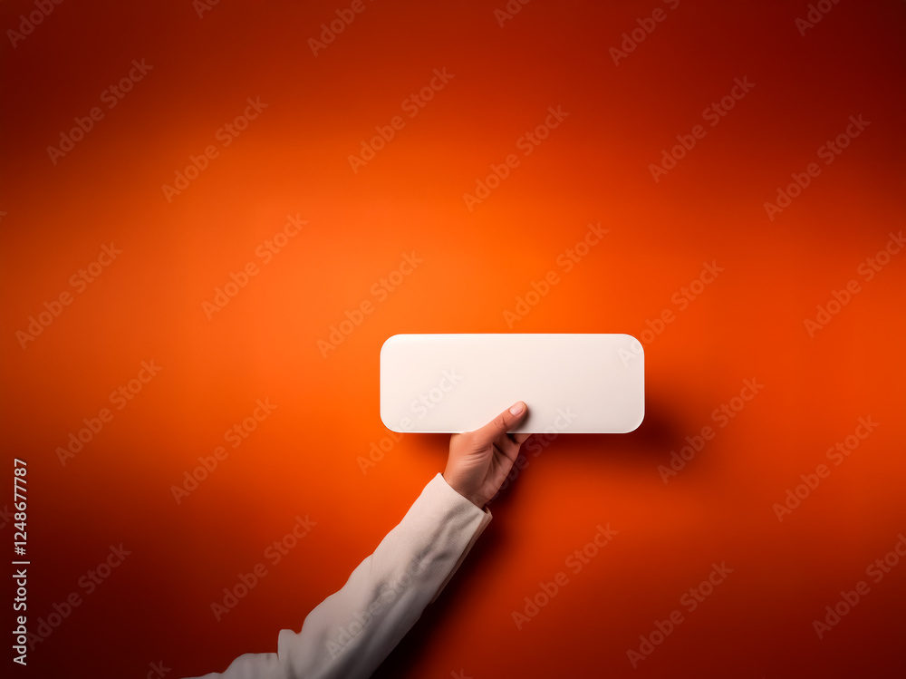Poster a hand with a white sleeve holds a blank white rectangular shape against a textured orange backdrop 