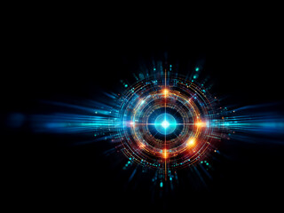 Obraz premium Abstract glowing circular design with blue and orange hues radiates energy against a dark backdrop. It evokes a sense of futuristic technology and vibrant light.
