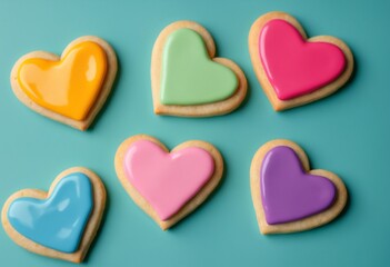 Fototapeta premium Colorful Heart-Shaped Cookies Decorated with Icing on a Light Teal Surface