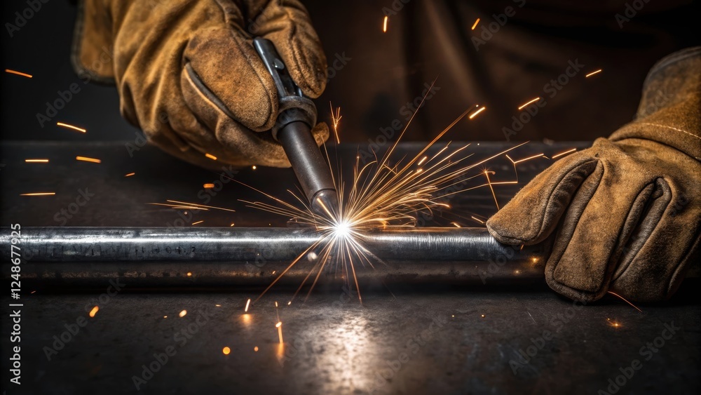 Poster a closeup of the welders gloves and the welding tool sparks flying around as the tool comes in conta