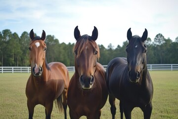 Fototapeta premium Three horses stand next to each other, looking at the camera