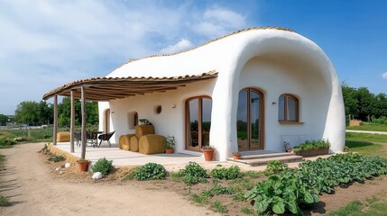 Naklejka premium A rustic eco home with walls made of hay bales covered in clay, featuring a traditional design and surrounded by a vegetable garden