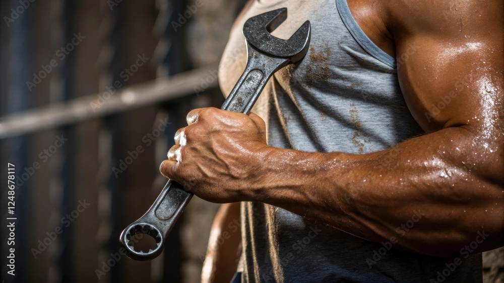 Poster A closeup of the workers muscular forearm displaying a gripping tool such as a wrench or hammer symbolizing strength and readiness to tackle any construction challenge.