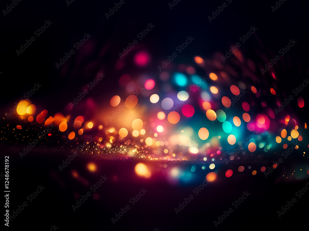 Leinwandbilder Abstract bokeh lights create a vibrant and colorful display against a dark backdrop, evoking a festive and dreamy atmosphere.