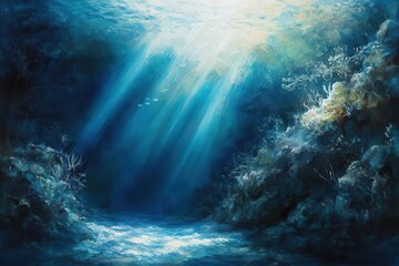 Fototapeta premium ethereal underwater scene with sun rays penetrating deep blue waters, creating light shafts through mysterious ocean depths