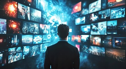 Man Facing a Wall of Screens:  Navigating the Digital Age - Powered by Adobe