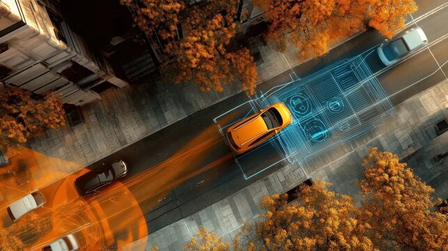 Augmented Reality (AR) in a smart autonomous car scanning the road, Computer Vision System recognizing objects