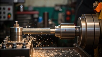 A closeup perspective shows the lathes ting tool making contact with metal with tiny shavings flying while the machinists focused expression reveals their dedication to achieving