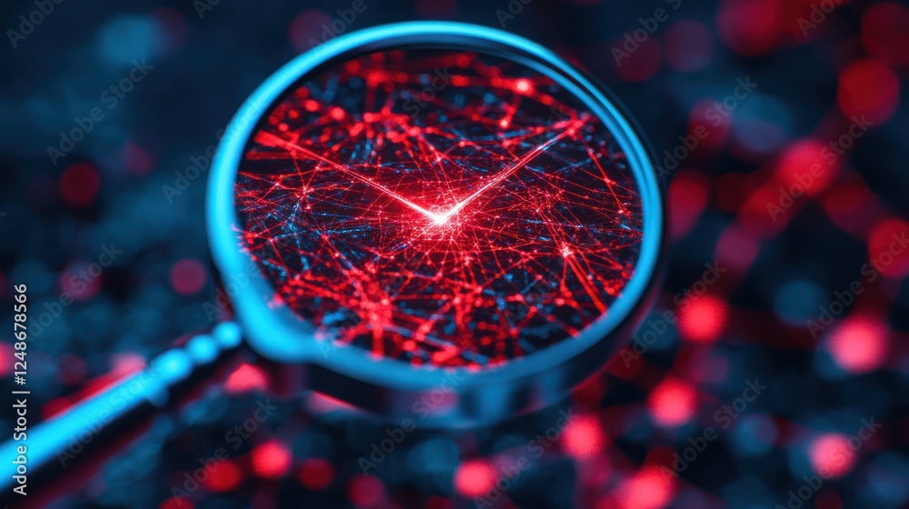 Fototapete Magnifying Glass Over Abstract Network with Red Connections and Bright Center Point in Dark Background
