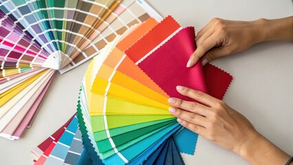 A closeup reveals the designers hands as they deftly manipulate vibrant fabric swatches each piece reflecting their keen sense of color theory and innovative design concepts.