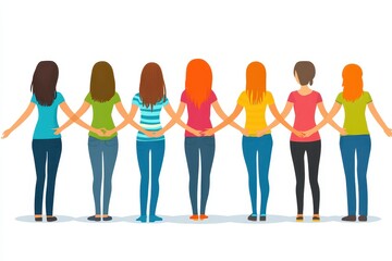 Fototapeta premium Group of Women Holding Hands Behind Their Backs in Cartoon Style