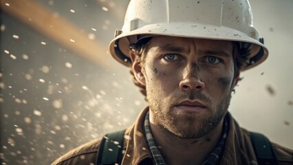 Fototapeta premium A closeup shot captures the grit and determination in the workers eyes framed by a hardhat. Dust particles float in the air behind highlighting the challenging environment and the