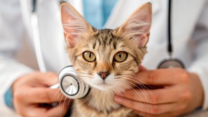 A closeup shot captures the veterinarians hands as they delicately examine a cats ears showcasing their expertise and gentle approach with the pet visibly relaxed in their lap.