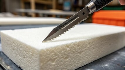 A closeup shot of a foam shaping tool like a knife or blade poised above a foam block showing the intricate details of the tools serrated edge and the texture of the foam surface