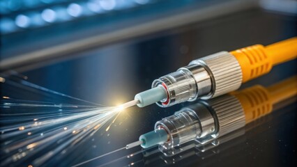 A closeup shot of a fiber optic connector being carefully inserted into a receptor with bright reflections on the glass surfaces illustrating the critical connection point.