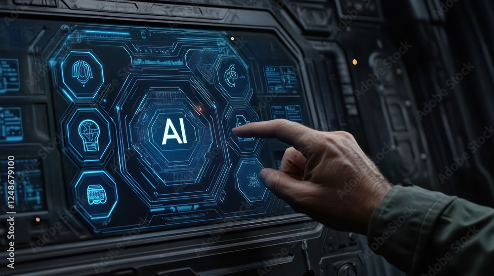 Poster Hand Interacting with Futuristic AI Control Panel Displaying High-Tech Digital Interface and Graphics