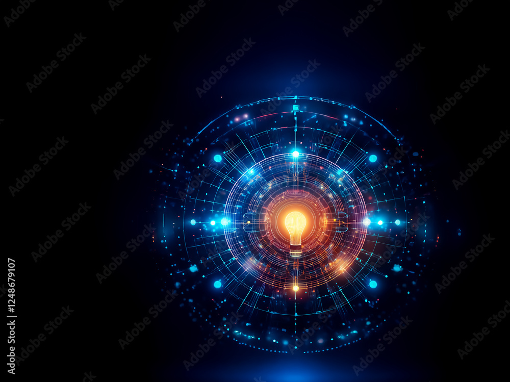 Leinwandbilder glowing lightbulb centerpiece with radiating circular lines and blue dots, creating an abstract tech