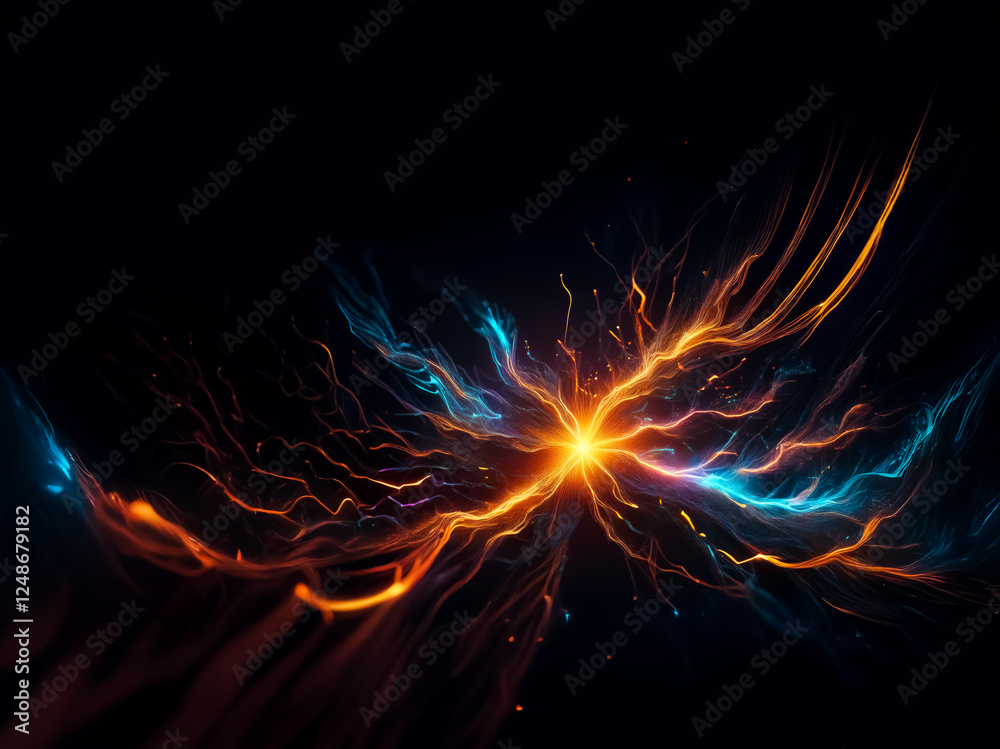 Poster vibrant energy streams in orange and blue burst from a central point on a dark backdrop. abstract li