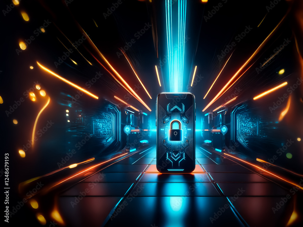 Poster digital smartphone displays a padlock in a neon-lit futuristic cyberspace. bright light streaks enha